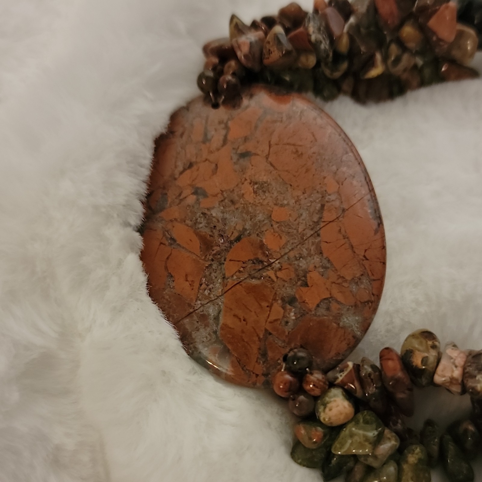 Jasper Chip Beaded Necklace Oval Pendant Brown Green Hook Clasp 18in
