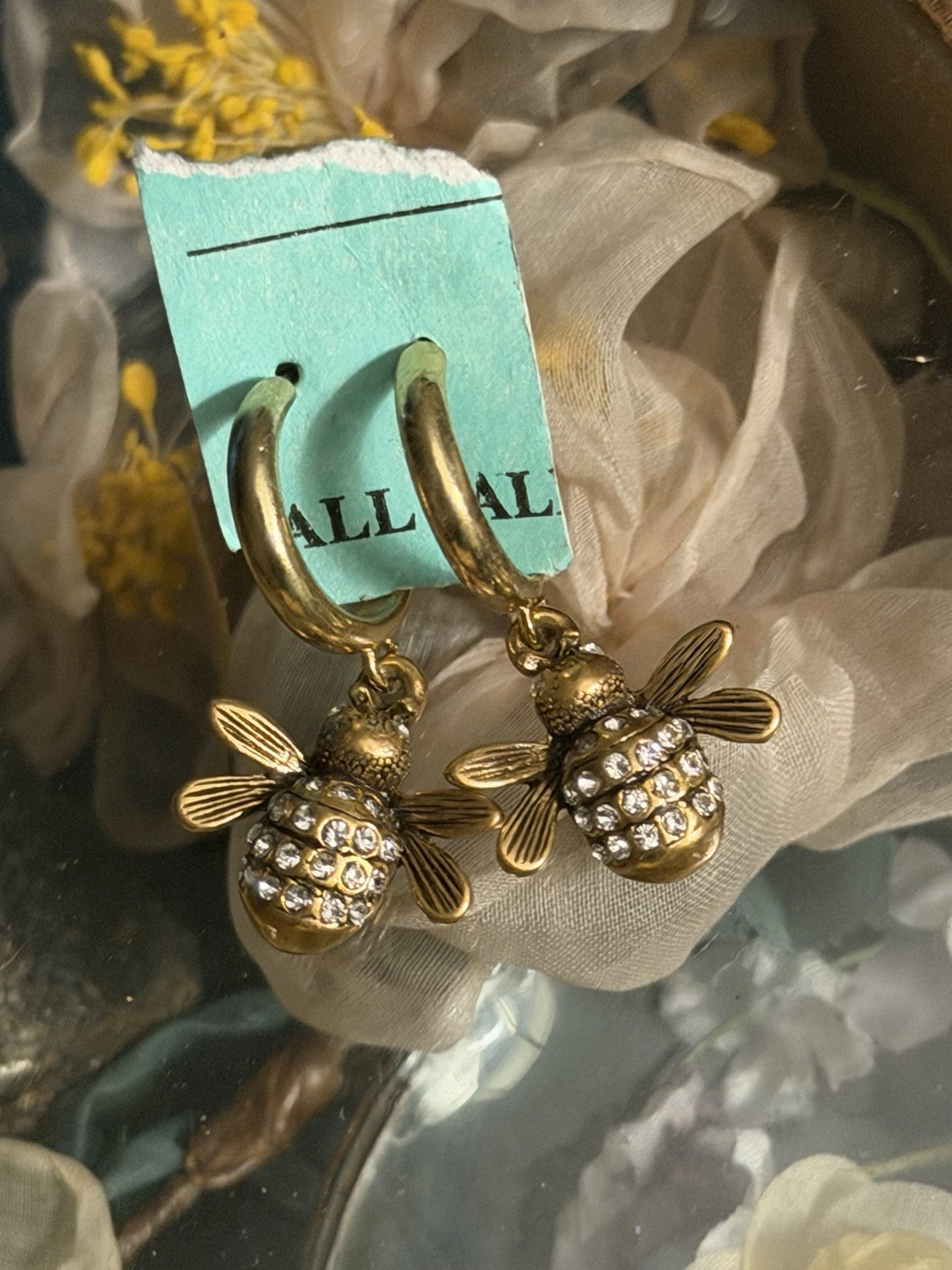Gold Tone Honey Bee Hoop Earrings With Crystal Rhinestones