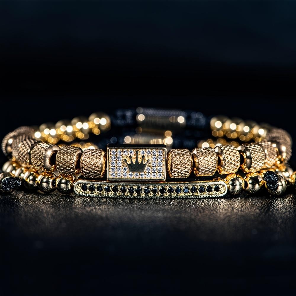 2pcs Luxury Crown Bracelet Set for Men Adjustable Beaded Fashion Jewelry Gift