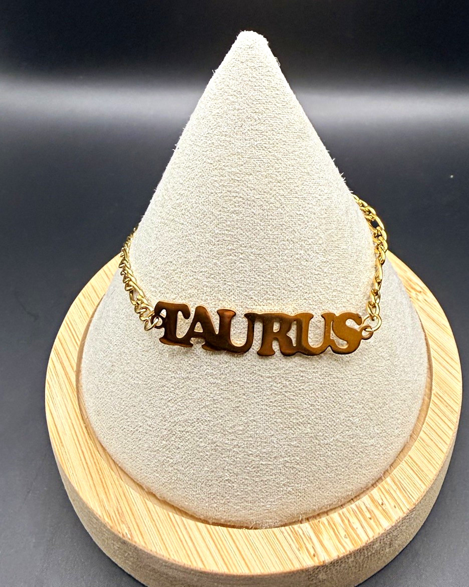 Gold Tone Taurus Zodiac Nameplate Charm Pendant Necklace, Chain