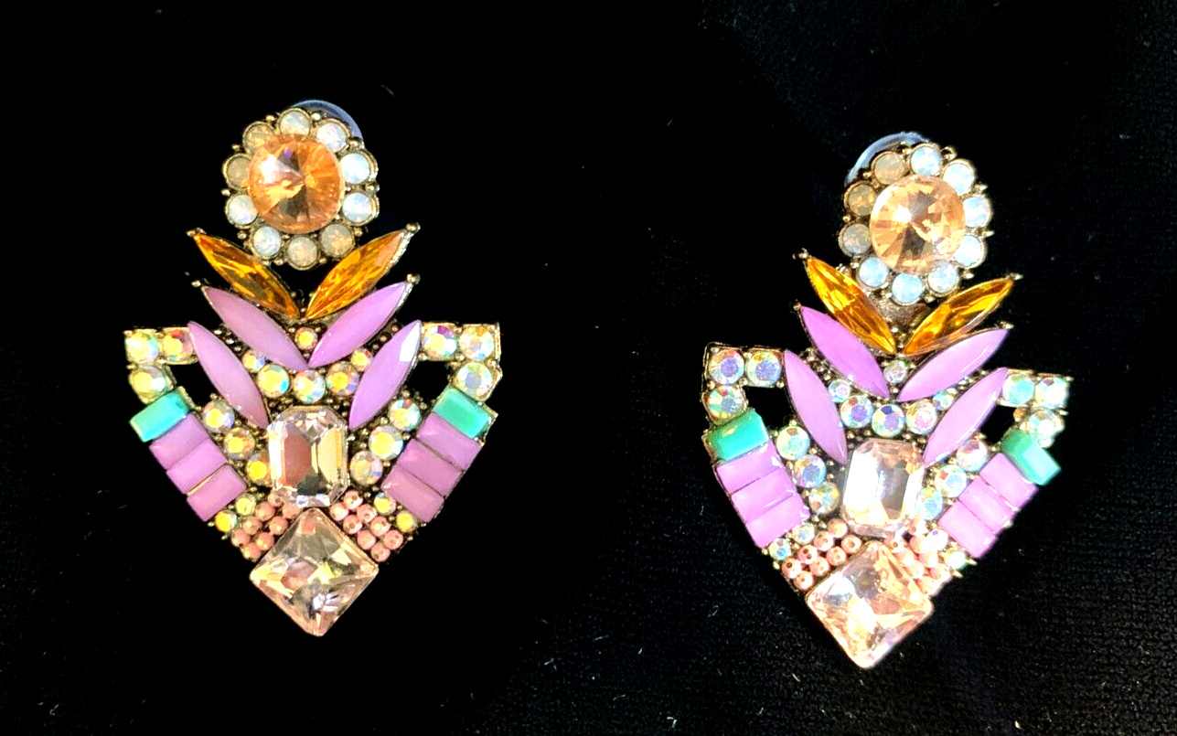 Elegant & Unusual Bejeweled Earrings; Pink/Green/Gold stones on Goldtone Studs