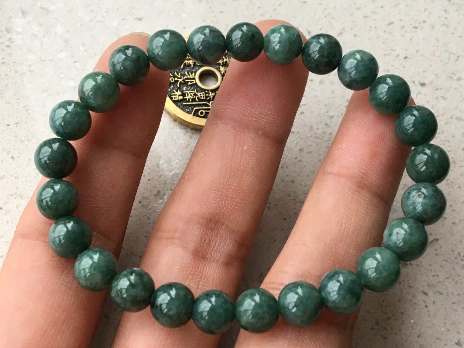 7.8mm certified 100% Natural Burma jadeite carve luck Reiki beads Bracelet 6703