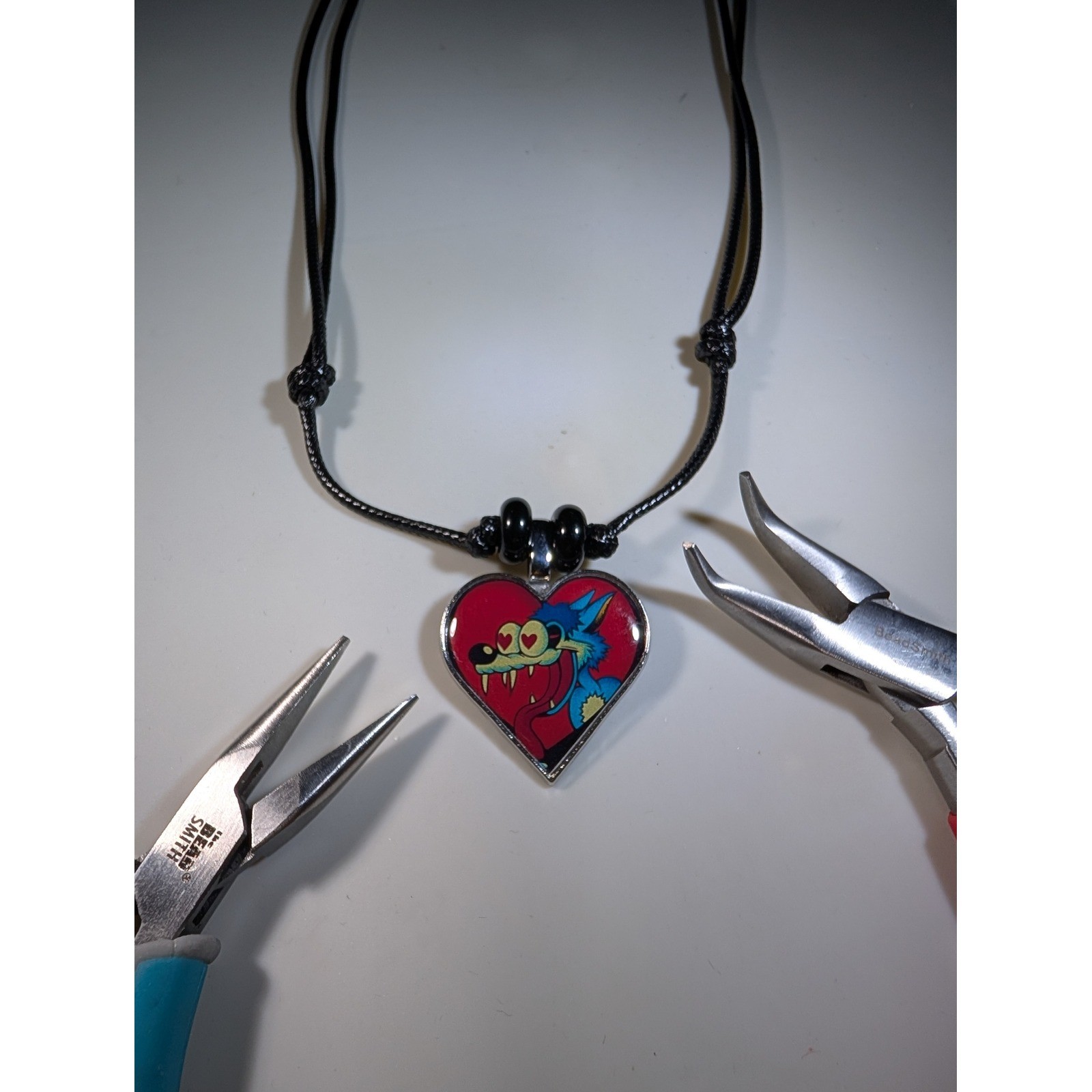 Custom Repurposed Wolf Heart Enamel Pin Necklace Adjustable Black Cord Pendant