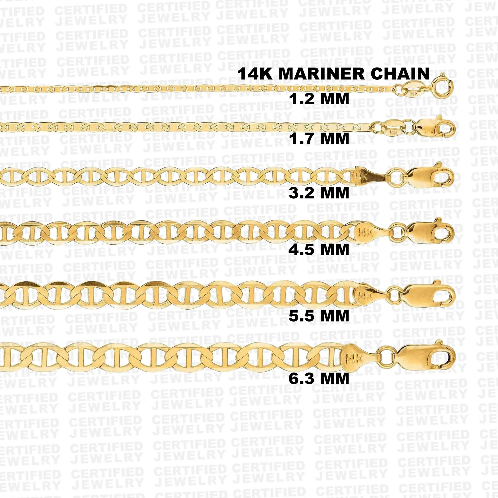 Solid 14K Yellow Gold Link Anchor Chain Necklace, 1.2mm To 6.3mm Wide