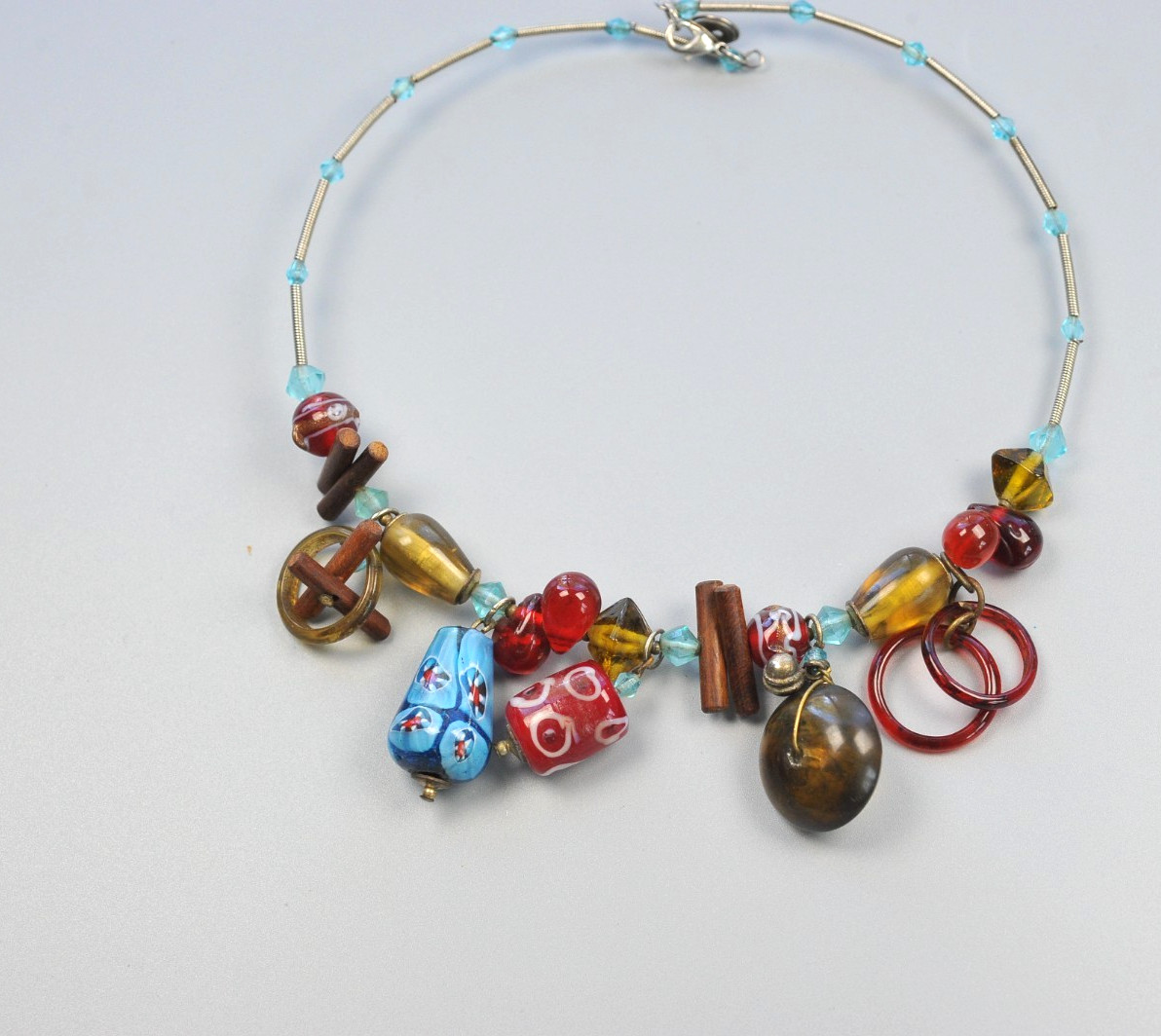 Wire Wrap Choker Beaded Charm Multicolor Necklace BOHO blue dangle MH14