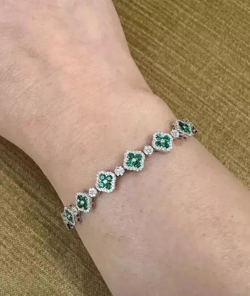 7.50 Ct Round Simulated Emerald Flower Tennis Bracelet 925 White Sterling Silver