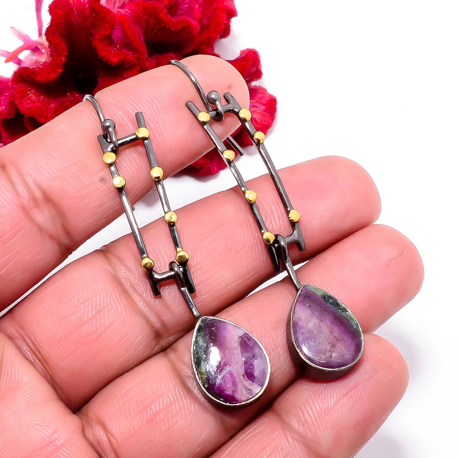 Ruby With Zoisite 925 Sterling Silver Gold Rhodium Earring 2.42 Sk15, Christmas