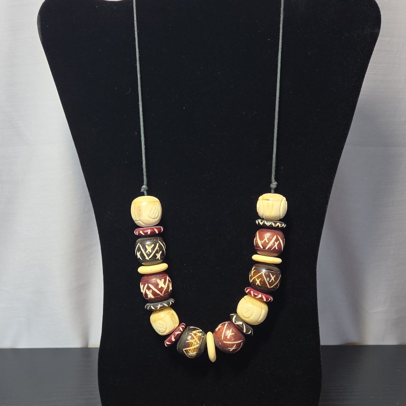 Multicolor Wooden Beaded Statement Necklace Large Round & Barrel Beads Cord