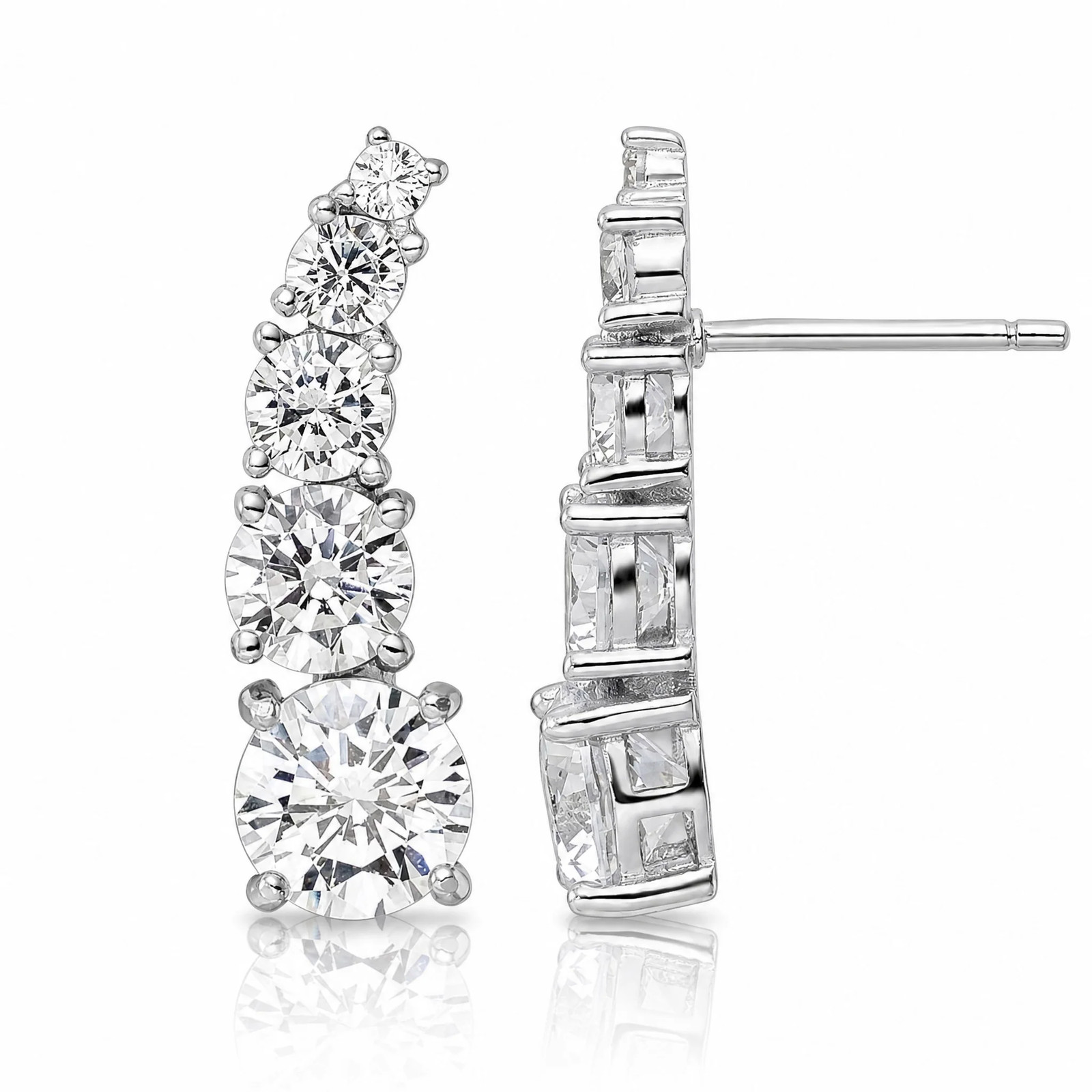 Sterling Silver Rhodium-Plated Polished Graduated CZ Post Earrings