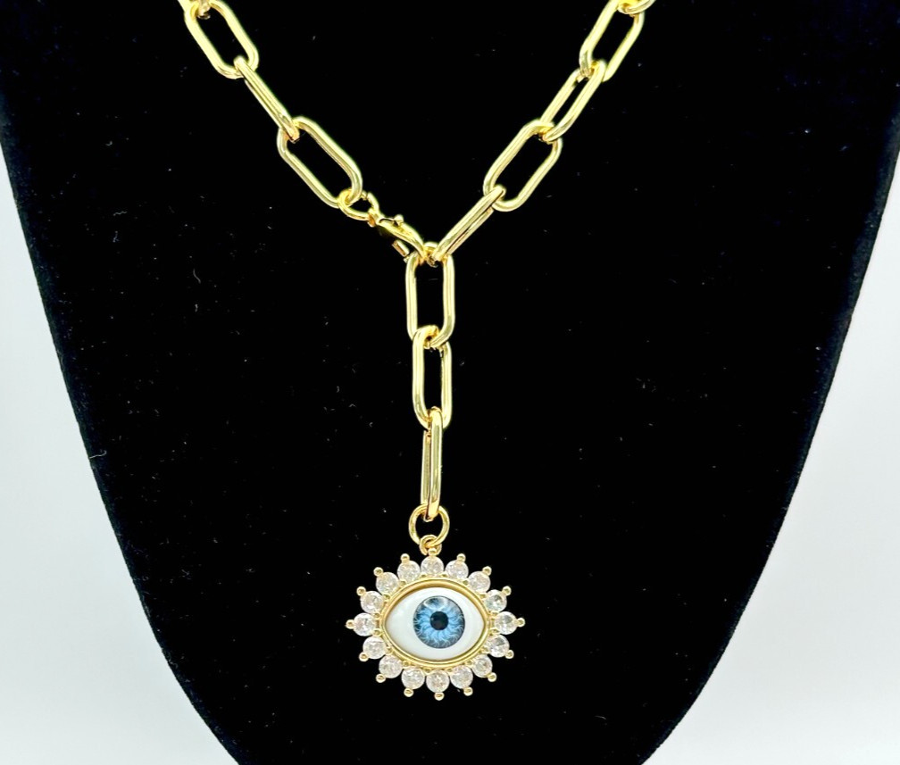 Gold tone Chain Lariat Necklace & Glass Evil Eye Pendant Contemporary