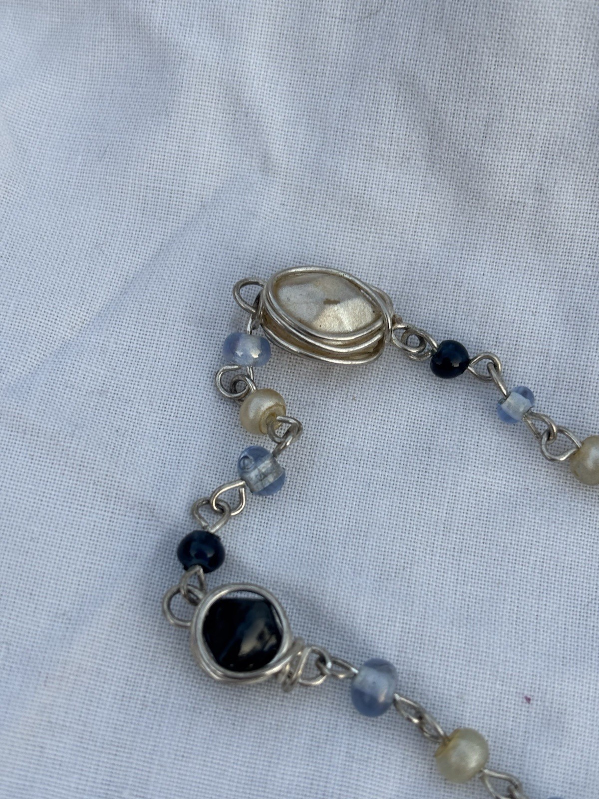 Handmade Style Blue Beaded Necklace Opalite Effect Wire Wrapped Boho Festival