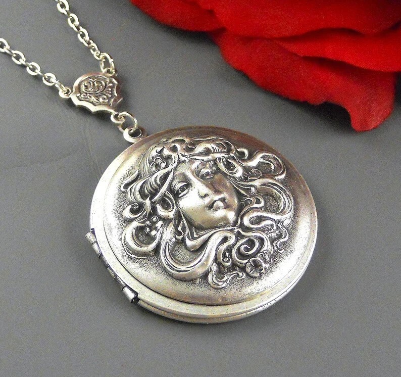 Large Goddess Locket Silver Goddess Locket Mythology Medieval Woman
