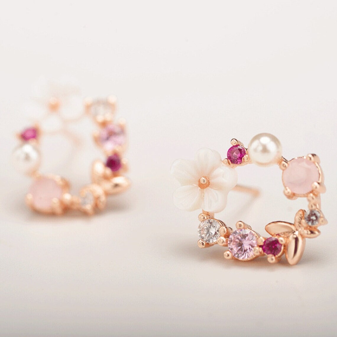 Natural Pearl Crystal Flower Stud Earrings Rose Gold Post Earrings Handmade