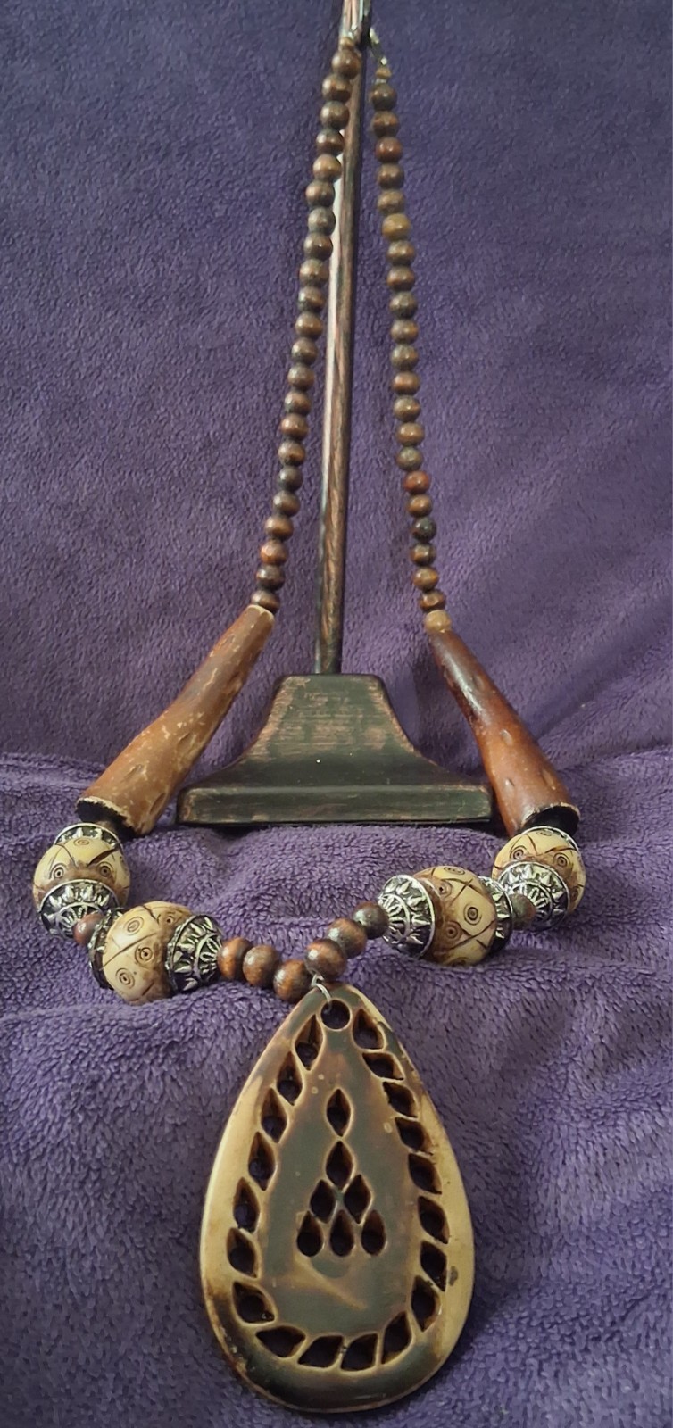 Vintage Tribal Artisan Batik Bovine Bone & Carved Horn Statement Necklace