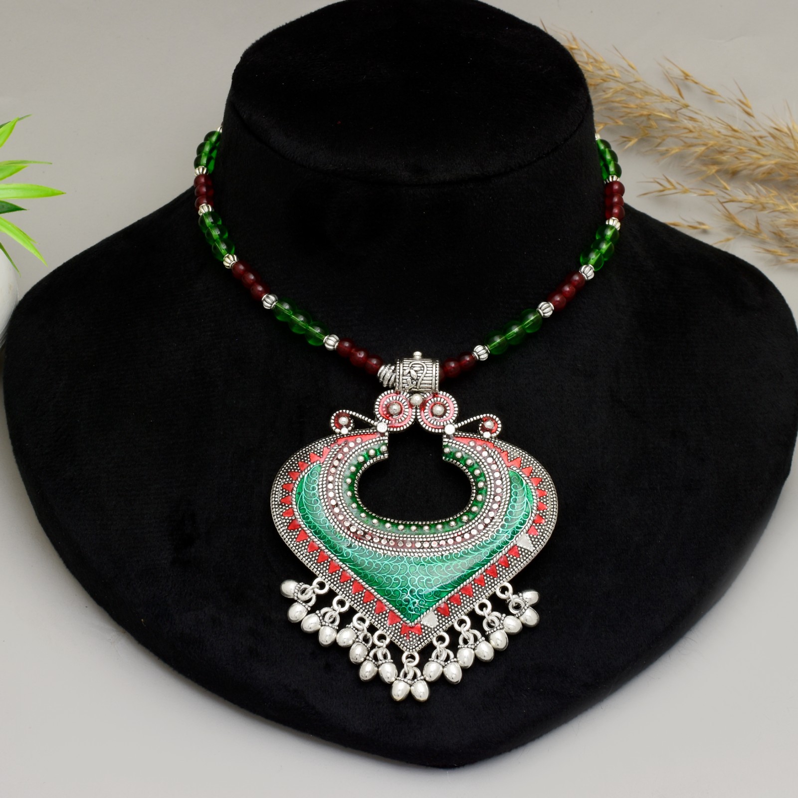 Boho Tribal Oxidized Silver-Tone heart Statement Necklace | Red & Green Beaded