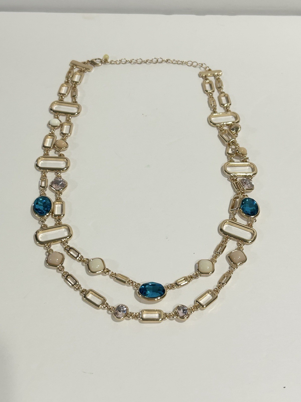 Gold Tone Double Chain Necklace With Man made London Blue Topaz
