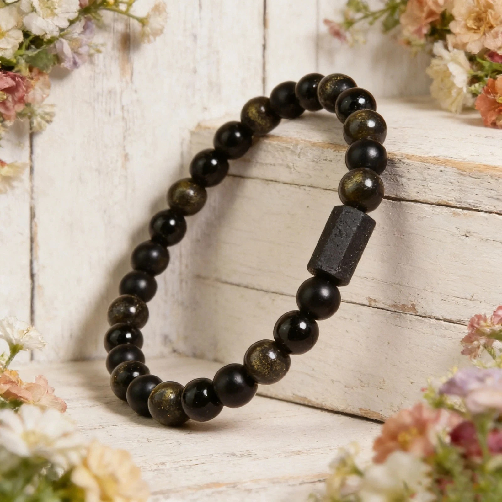 Triple Protection Black Onyx Tourmaline Gold Obsidian Healing Balance Bracelet