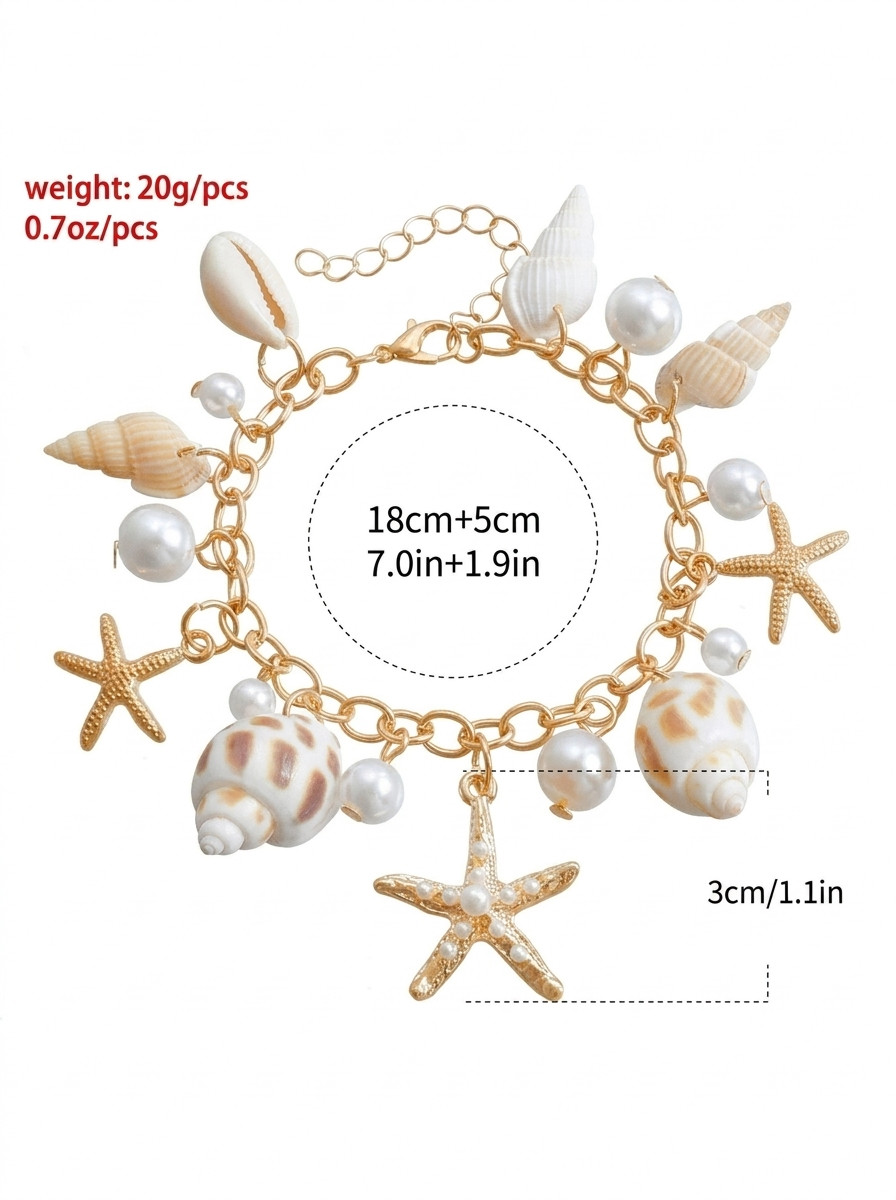 Seashell Starfish Charm Bracelet Gold Tone Summer Beach Jewelry Unisex Gift