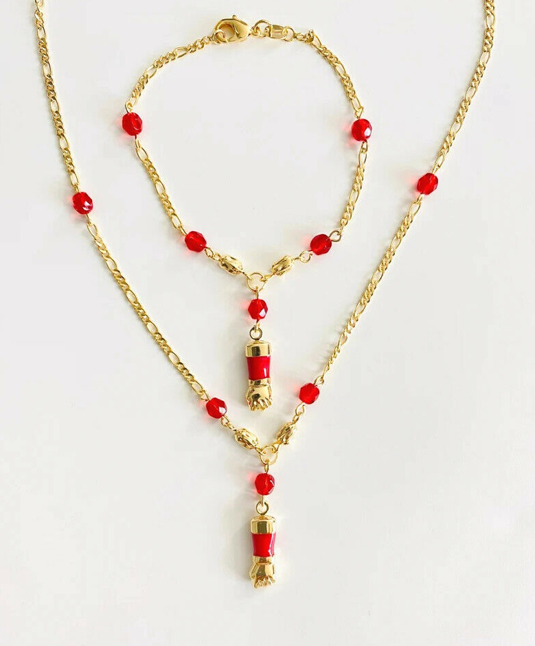 18K Yellow Gold Plated Azabache Figa Set Red Hand Enamel, Protection Luck- N224