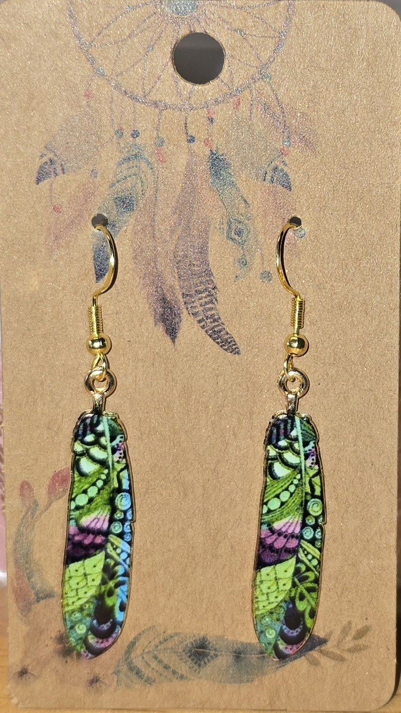 Dangle Green Feather Deisgn Earrings With .925 Sterling Silver Hooks