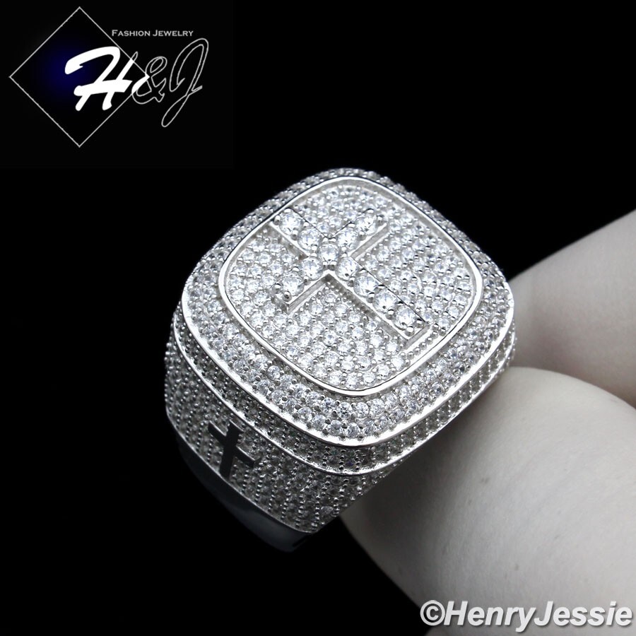 MEN SOLID 925 STERLING SILVER ICY BLING CZ HIPHOP 3D SQUARE CROSS RING*SR244