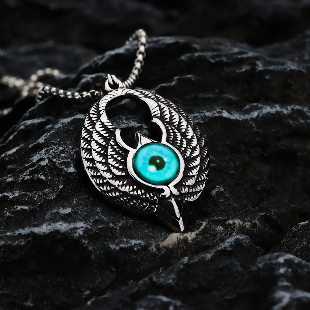 Stainless Steel Devil’s Eye Pendant Hawk Eagle Blue Gemstone Necklace Pendant