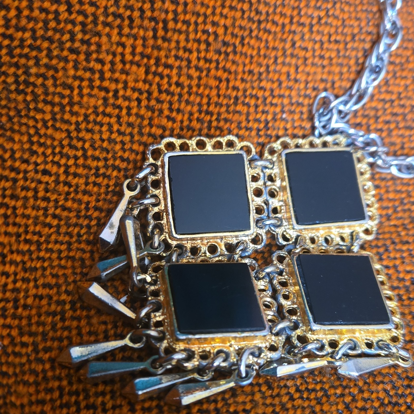 Silver & Gold Tone Cable Chain Necklace Square Charm Pendant Dangles Spring