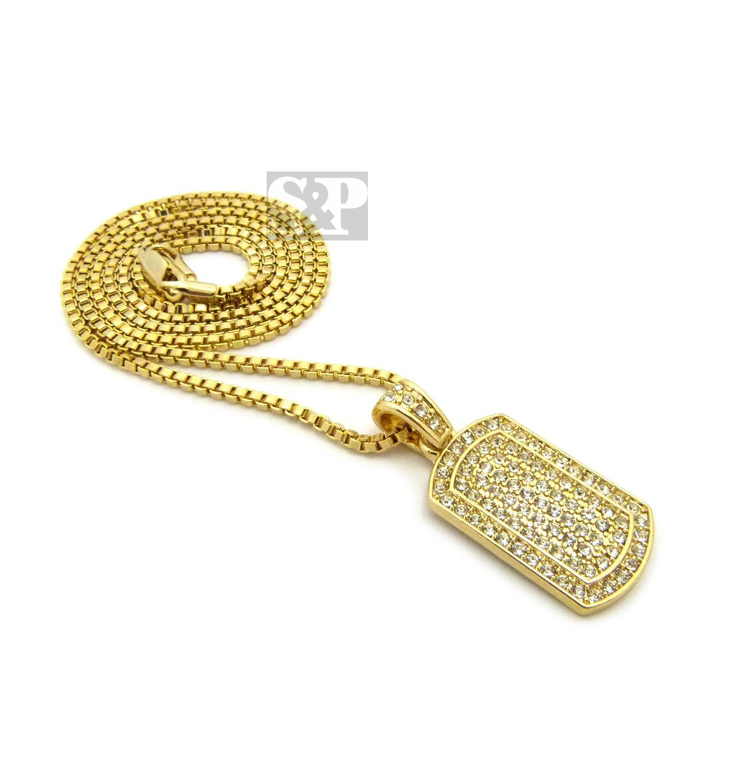 Hip Hop Iced Mini Army Gold Plated CZ Dog Tag Pendant 24″ Box Chain Necklace