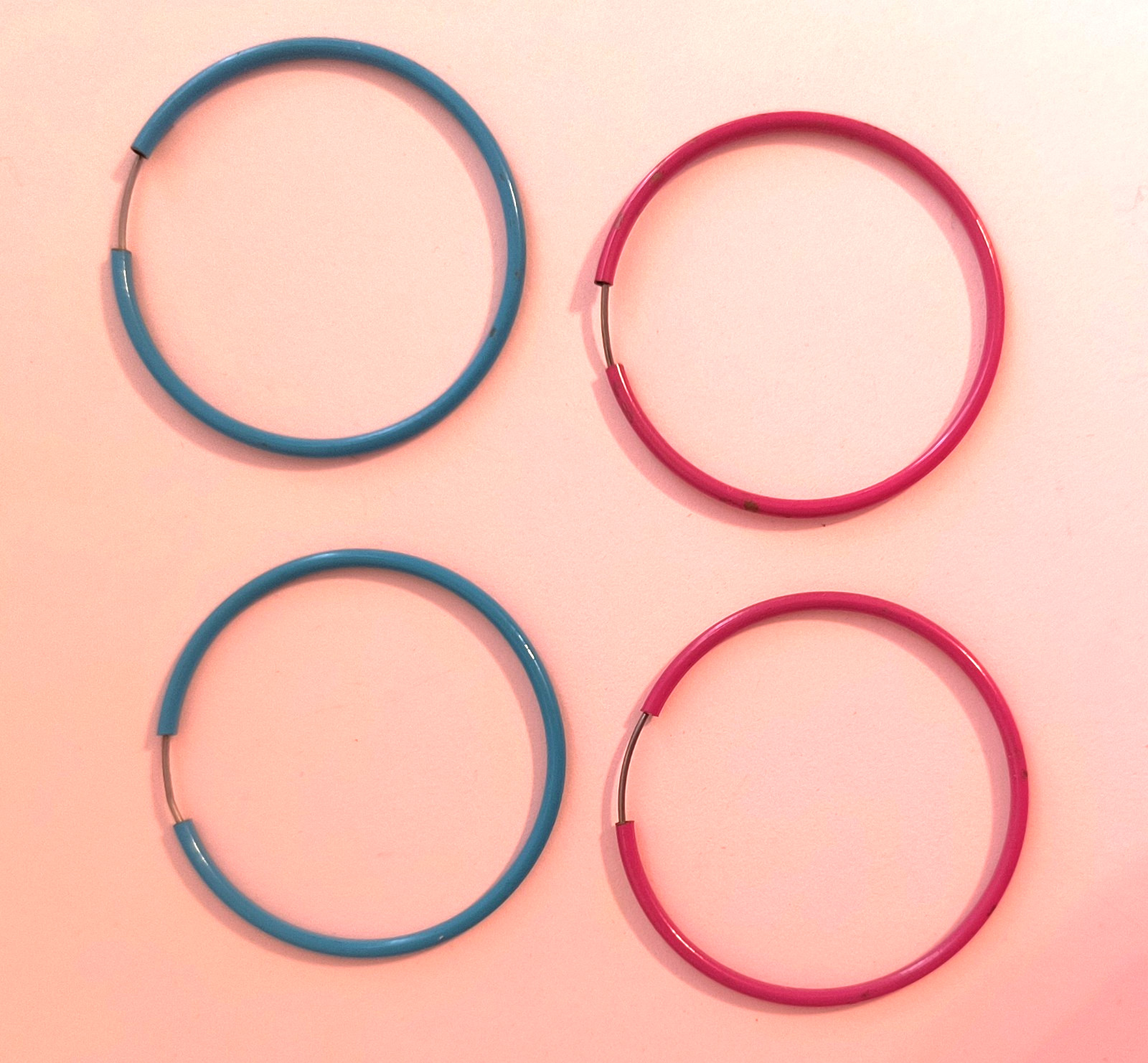 2 Pairs Hoop Metal Earrings for Pierced Ears Aqua Dark Pink 1 3/4 Inches