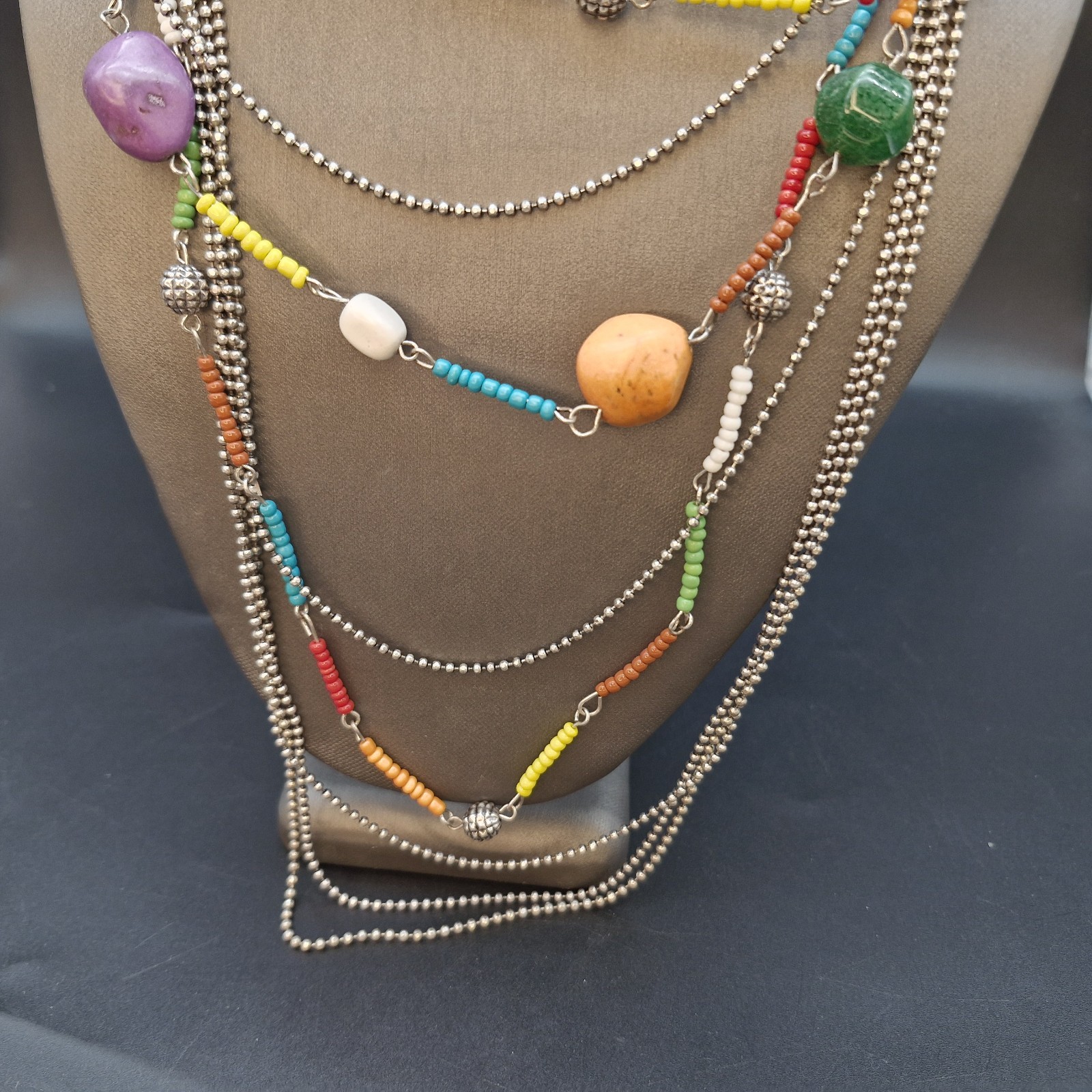 Treska Beaded Layered Statement Necklace Eclectic Colorful Stones Glass Boho NWT
