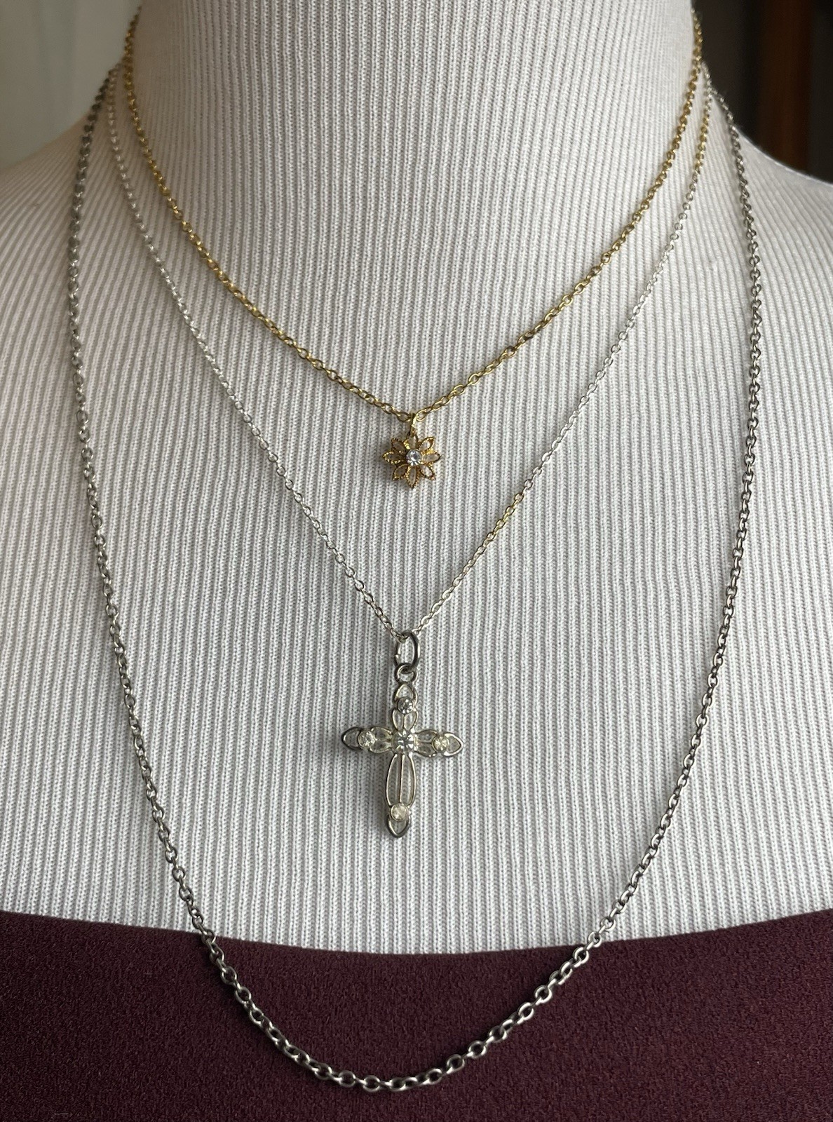 3 Silver Gold Tone Layered Necklaces 16-22” Flower Cross Pendant Rhinestones