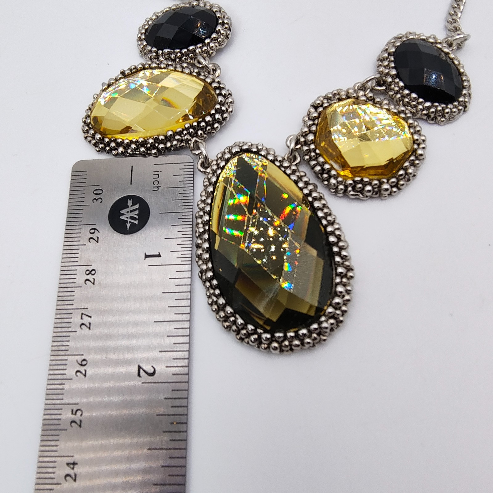 Y2K Retro Glam Statement Necklace Silver Tone Acrylic Rhinestone Boho Chic