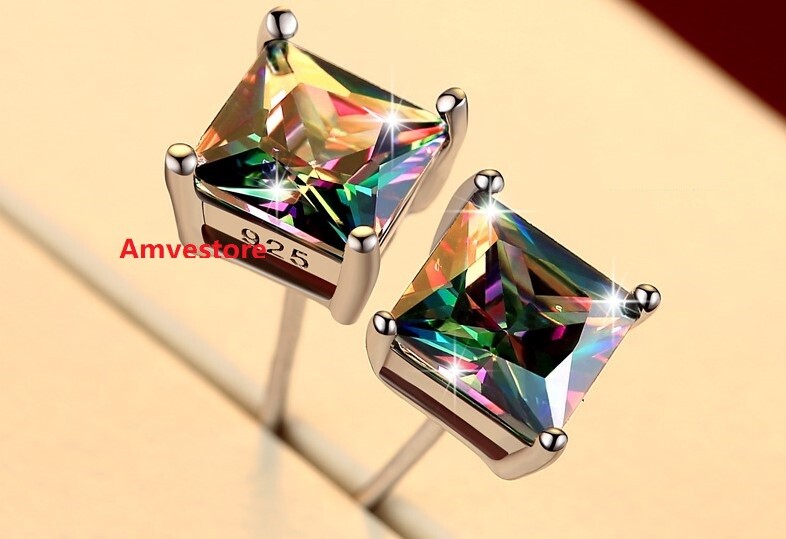 Men Women Sterling Silver Post Stud Square Round Colorful CZ Earrings Gift PE22