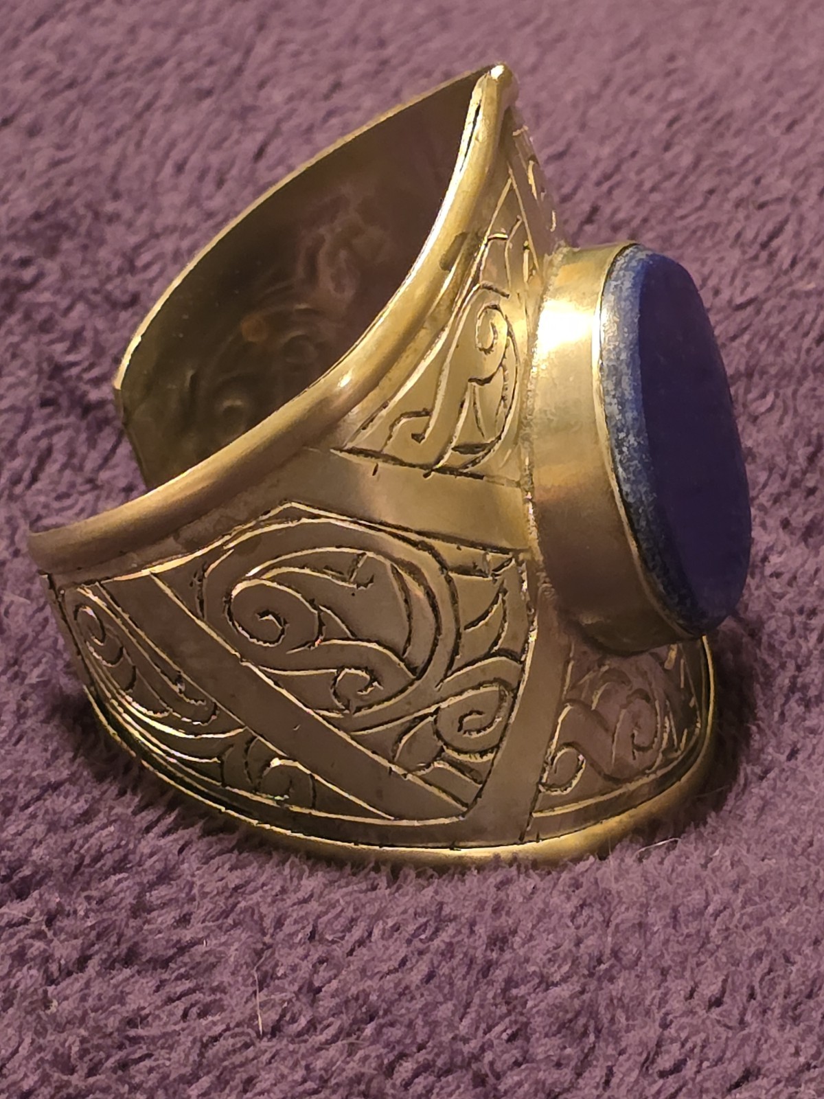 Brass Silver & Gold Tone Tribal Bracelet Bezel-Set Round Lapis Stone Center Cuff