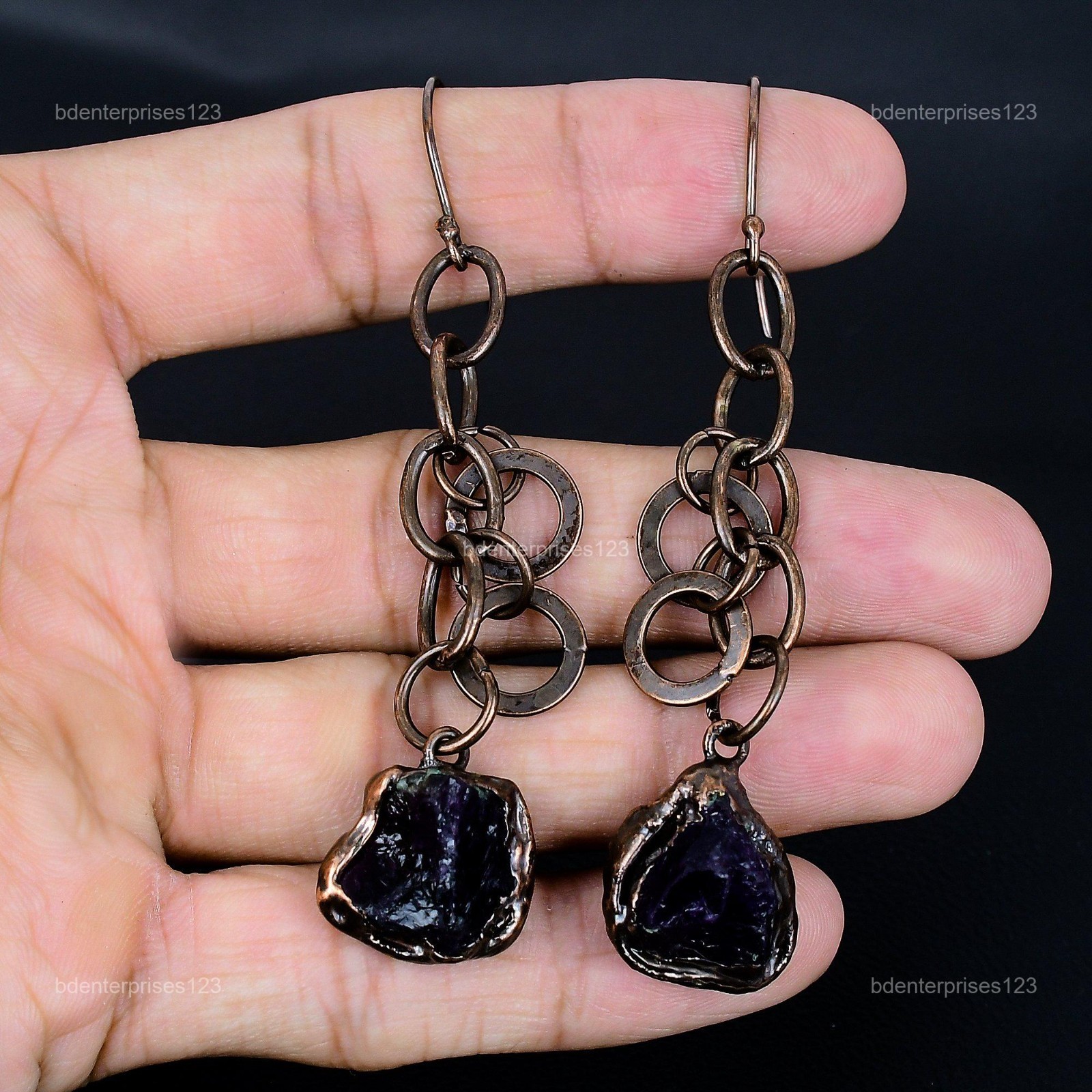 Pentagon African Amethyst Rough Gemstone Dangling Electroformed Earrings Copper