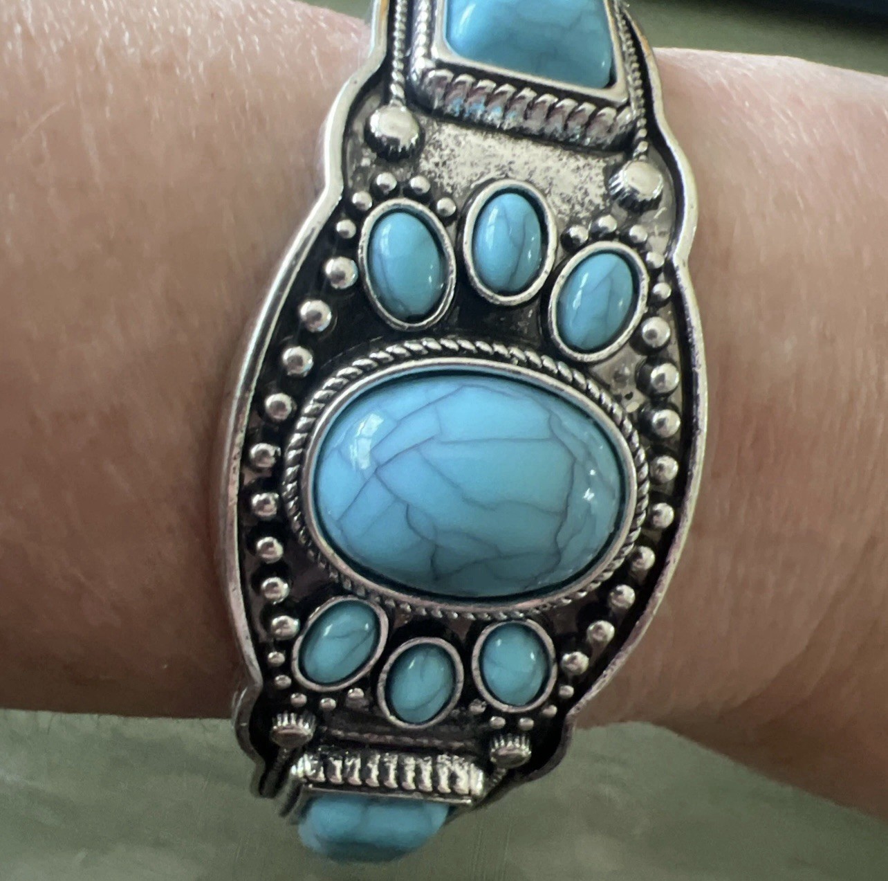 Turquoise Cuff Bracelet Western Boho Silvertone Jewelry