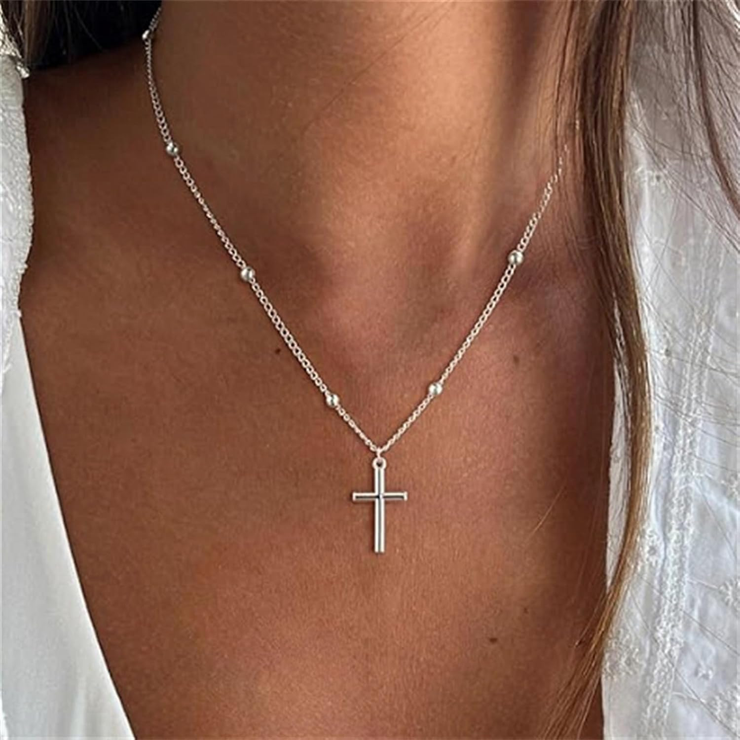 Dainty Cross Pendant Necklace for Women, 14K Gold Plated Minimalist Layered Bead