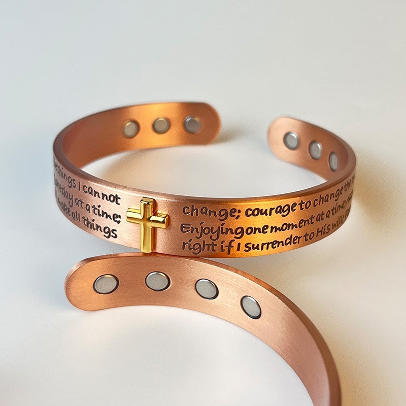 Engraved Cross Magnetic Energy Bracelet Serenity Prayer Adjustable Jewelry Cuff