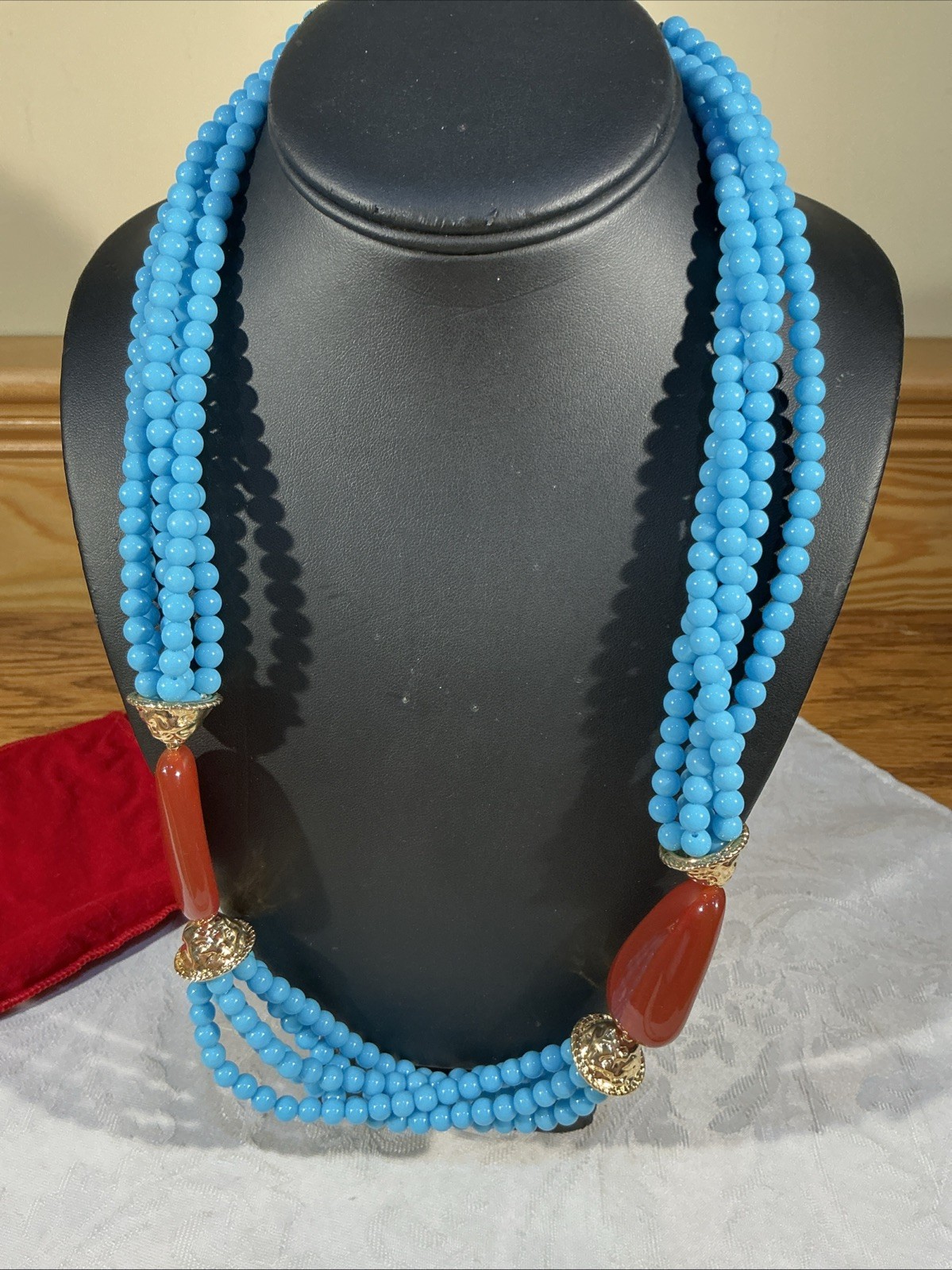 KJL Grand Stand Multi Strand Faux Turquoise & Carnelian Bead Boho Necklace 27″