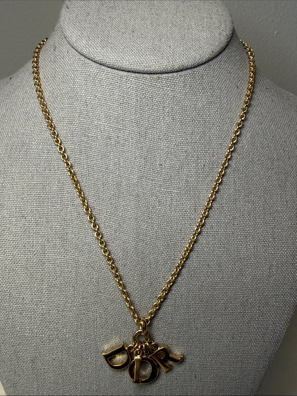 Christian Dior Logo Charm Gold Tone Pendant Necklace Vintage