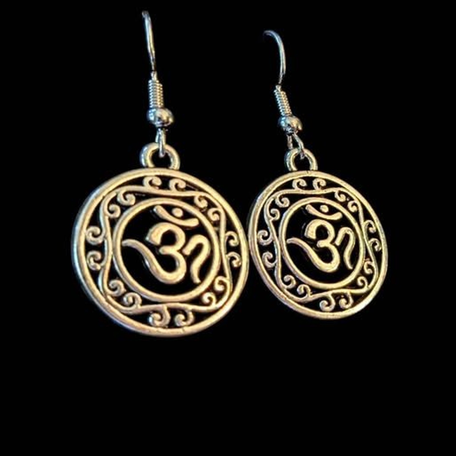 Oxidized OM Symbol Dangle Earrings