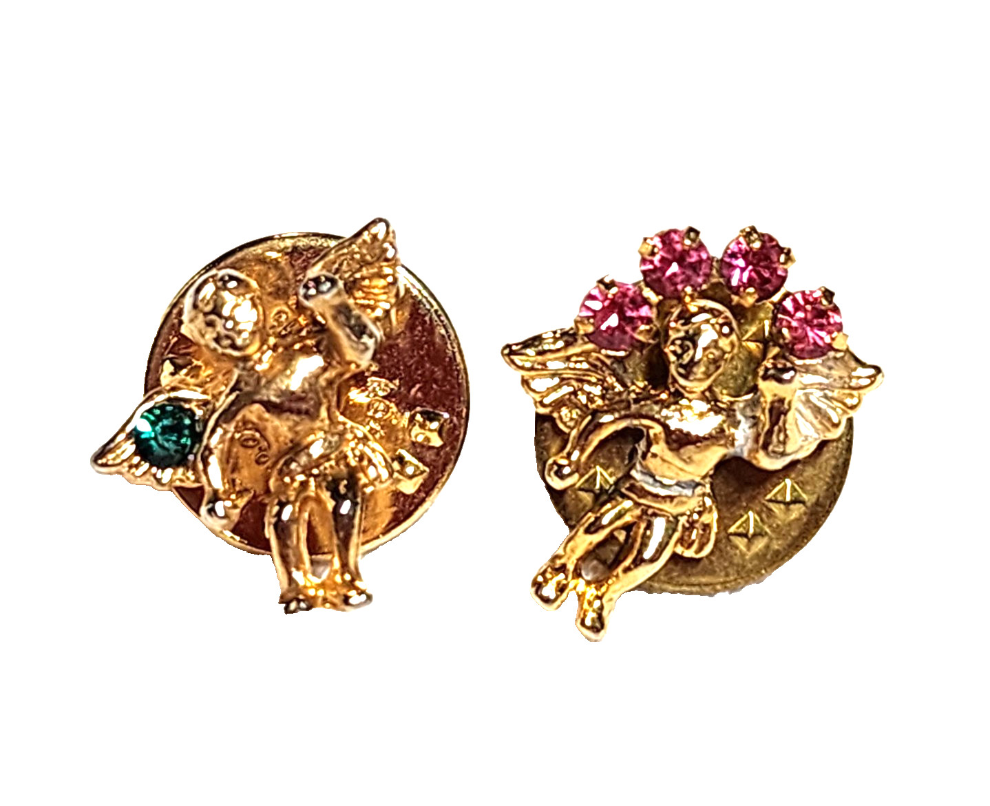 Lot Of 2 Vintage Guardian Angel Cherub Pins Pink & Green Rhinestones Gold Tone
