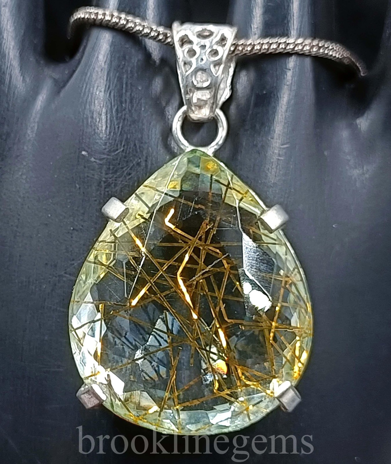 Natural Rutilated Quartz 69.70 Ct Pendant Pear Cut 925 Silver EGL Certified 5NSR