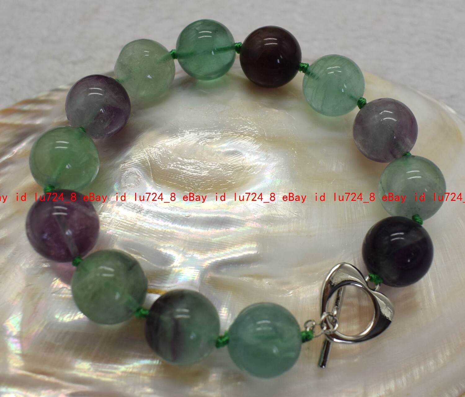 Natural Multicolor Fluorite Gems Round Beads Silver Love Clasp Bracelet 7.5″