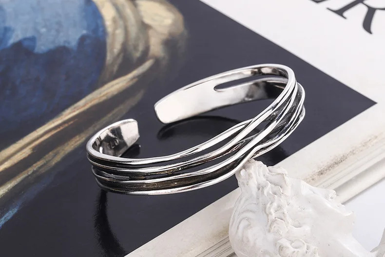 Retro Wave Bracelet 925 Sterling Silver Braided Bangle Geometric Opening Cuff