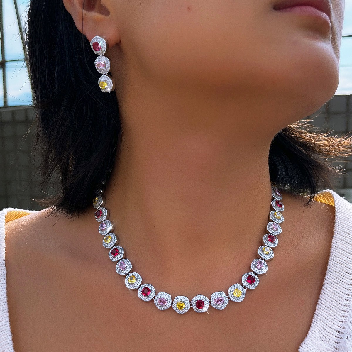 Silver Plated Geometric Zircon Hexagon Tennis Necklace Earring Party Jewelry Set