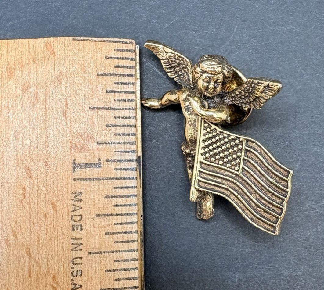 Vintage Kirks Folly American Flag USA Cherub Angel Pin Brooch Gold Tone