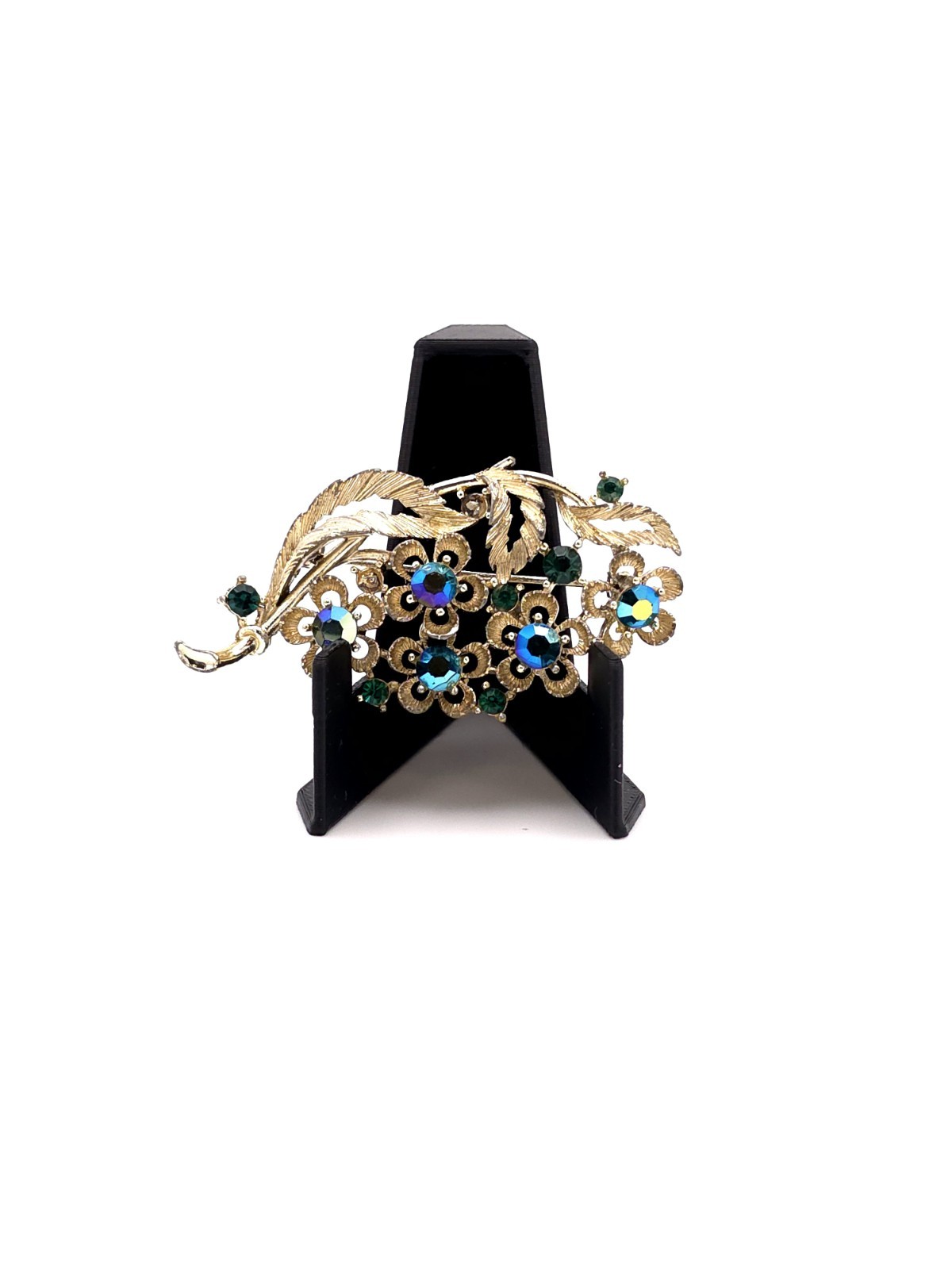 Vintage Lisner Gold Tone Leaf Rhinestone Brooch Blue & Green Aurora Borealis
