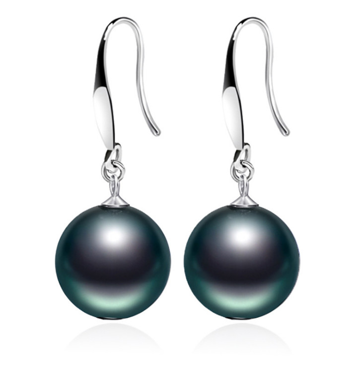 Sterling Silver Black Natural Tahitian Shell Pearl Necklace Drop Earrings Set