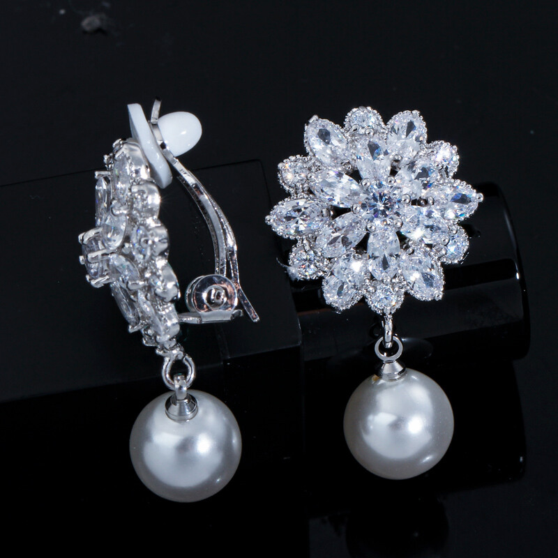 Cwwzircons Cz Crystal Pearl Flower Non Pierced Clip On Drop Earrings for Women